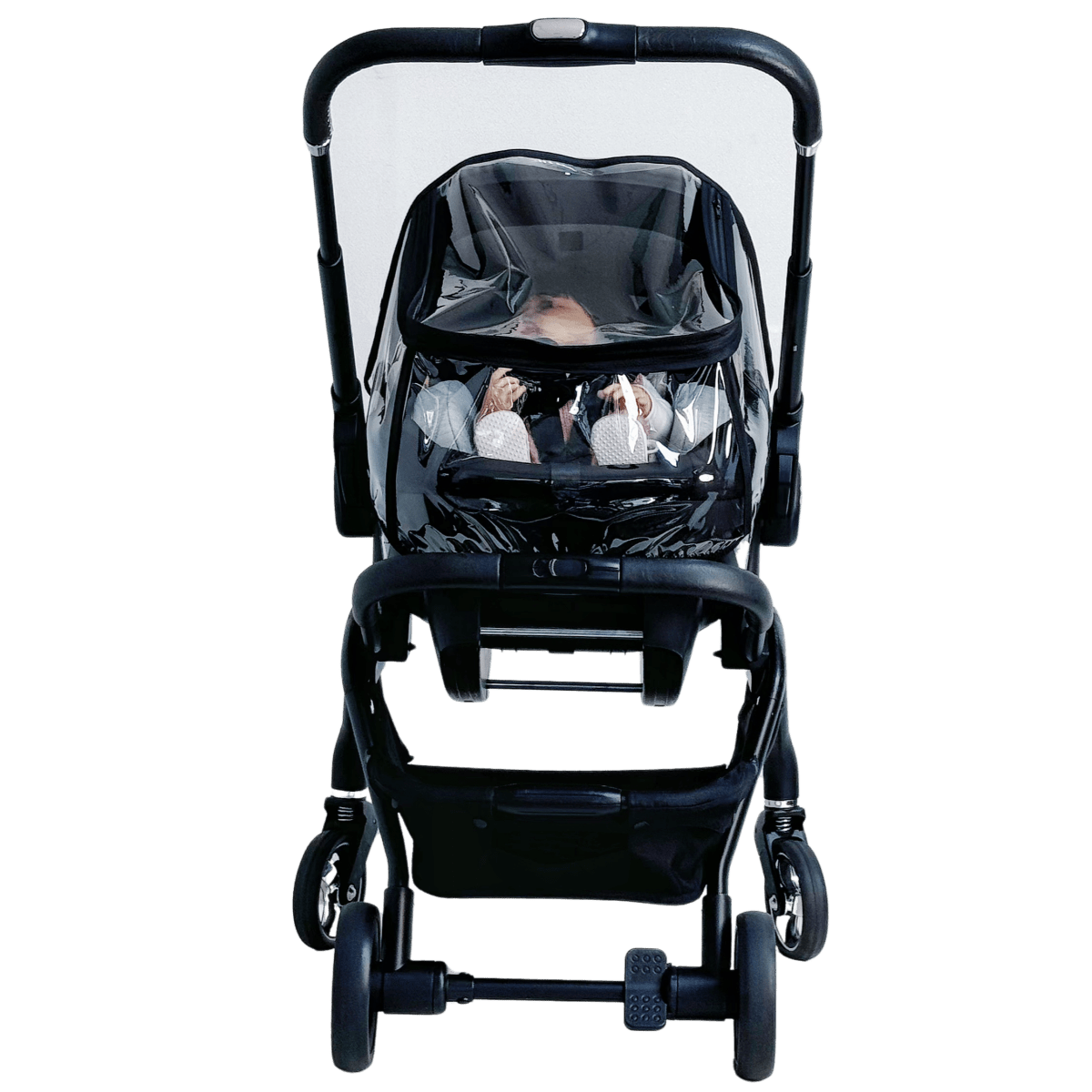 Black baby stroller with transparent rain cover on a white background
