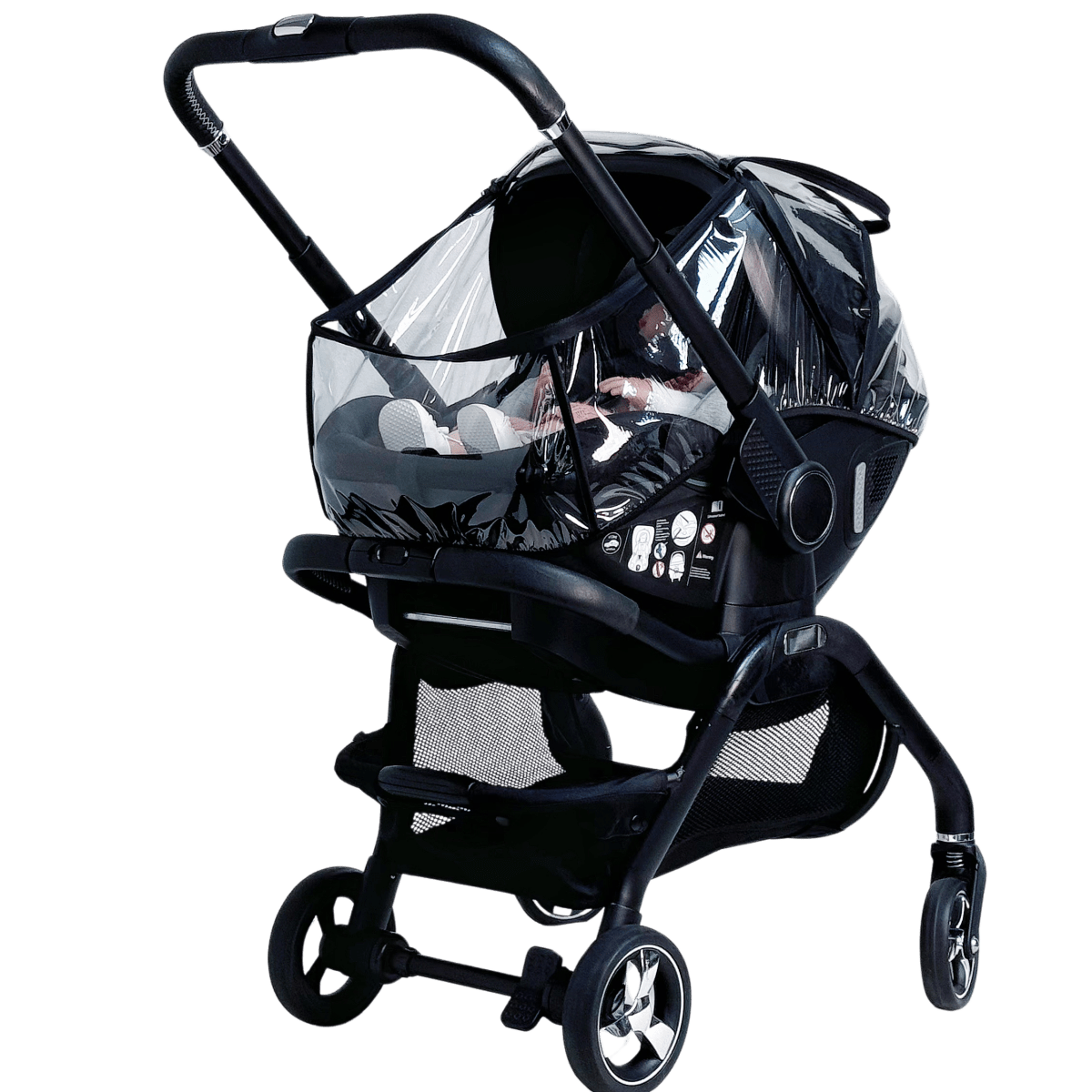 Qubi stroller and carseat with rain cover.