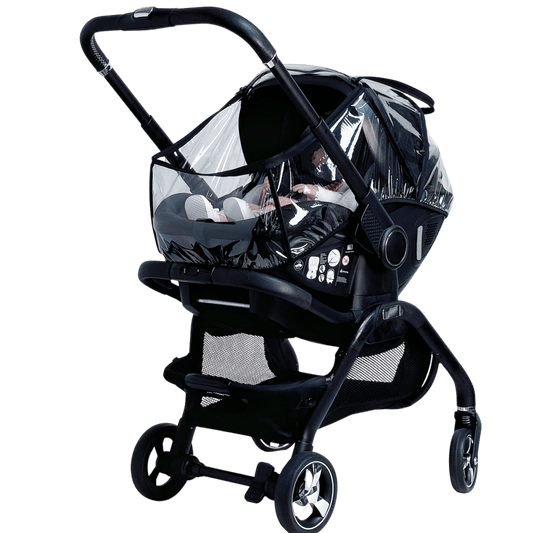 Qubi stroller and carseat with rain cover.