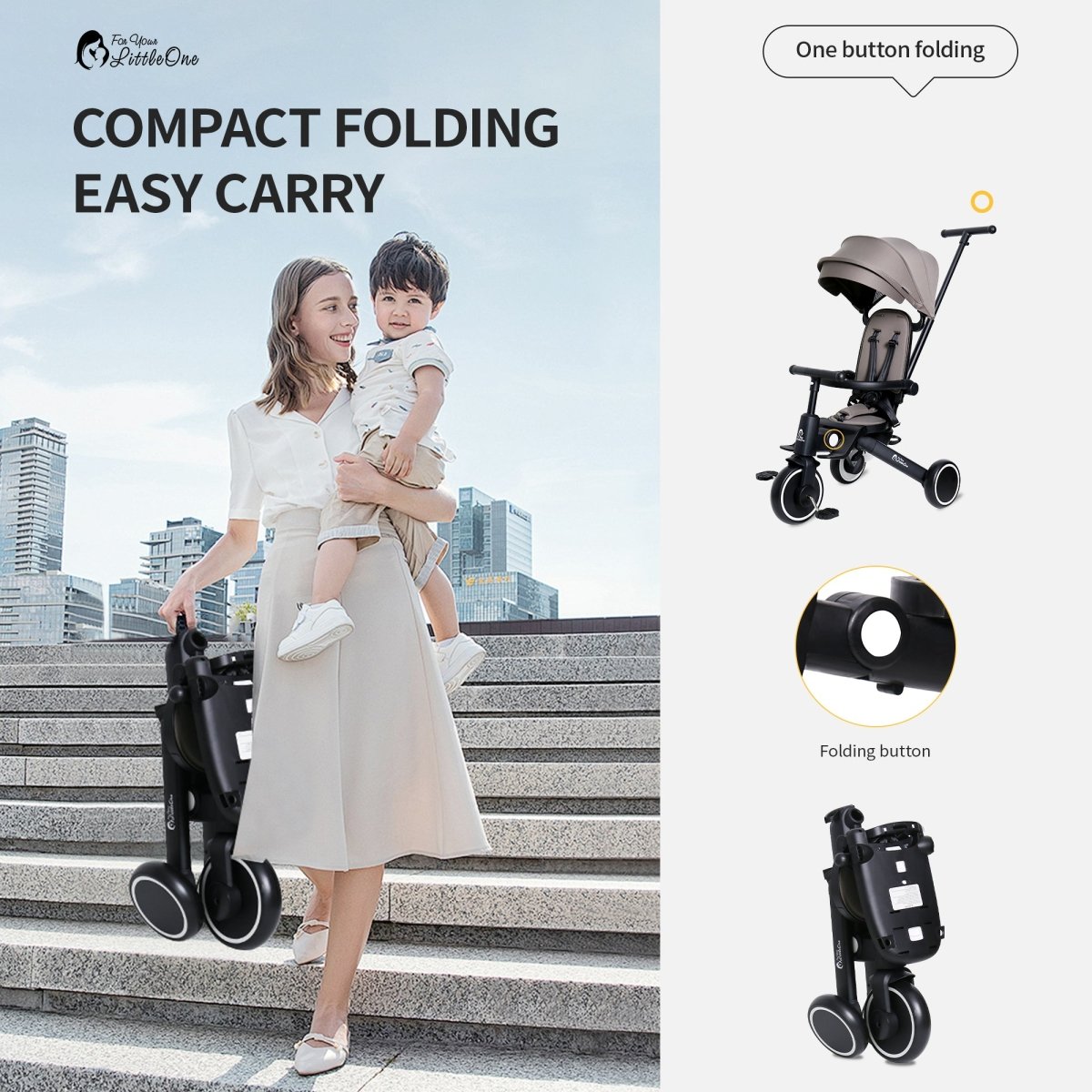 Foryourlittleone Xplor 6 in 1 Foldable Trike - Jet Black (10m-5y)