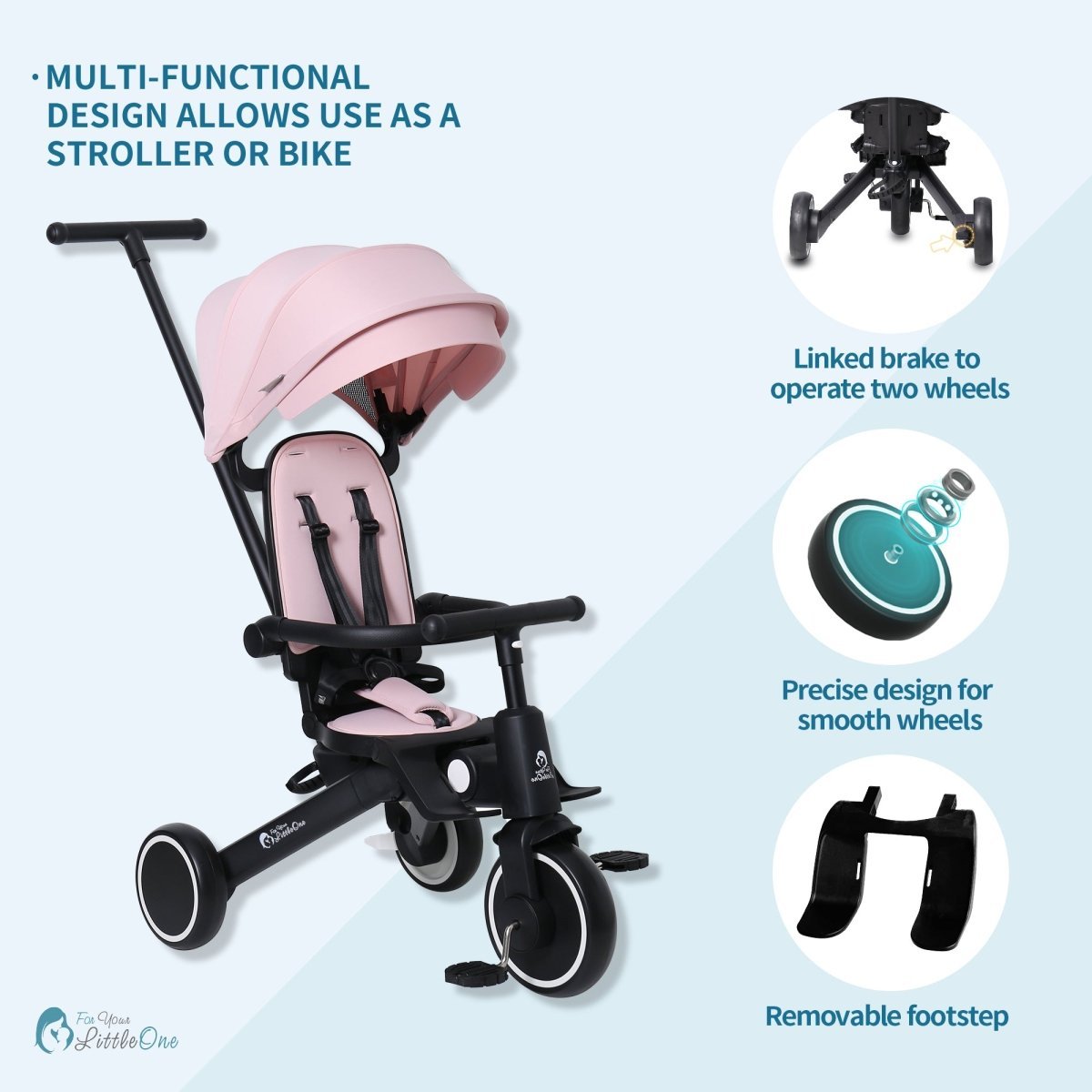 Foryourlittleone Xplor 6 in 1 Foldable Trike - Pastel Pink (10m-5y)