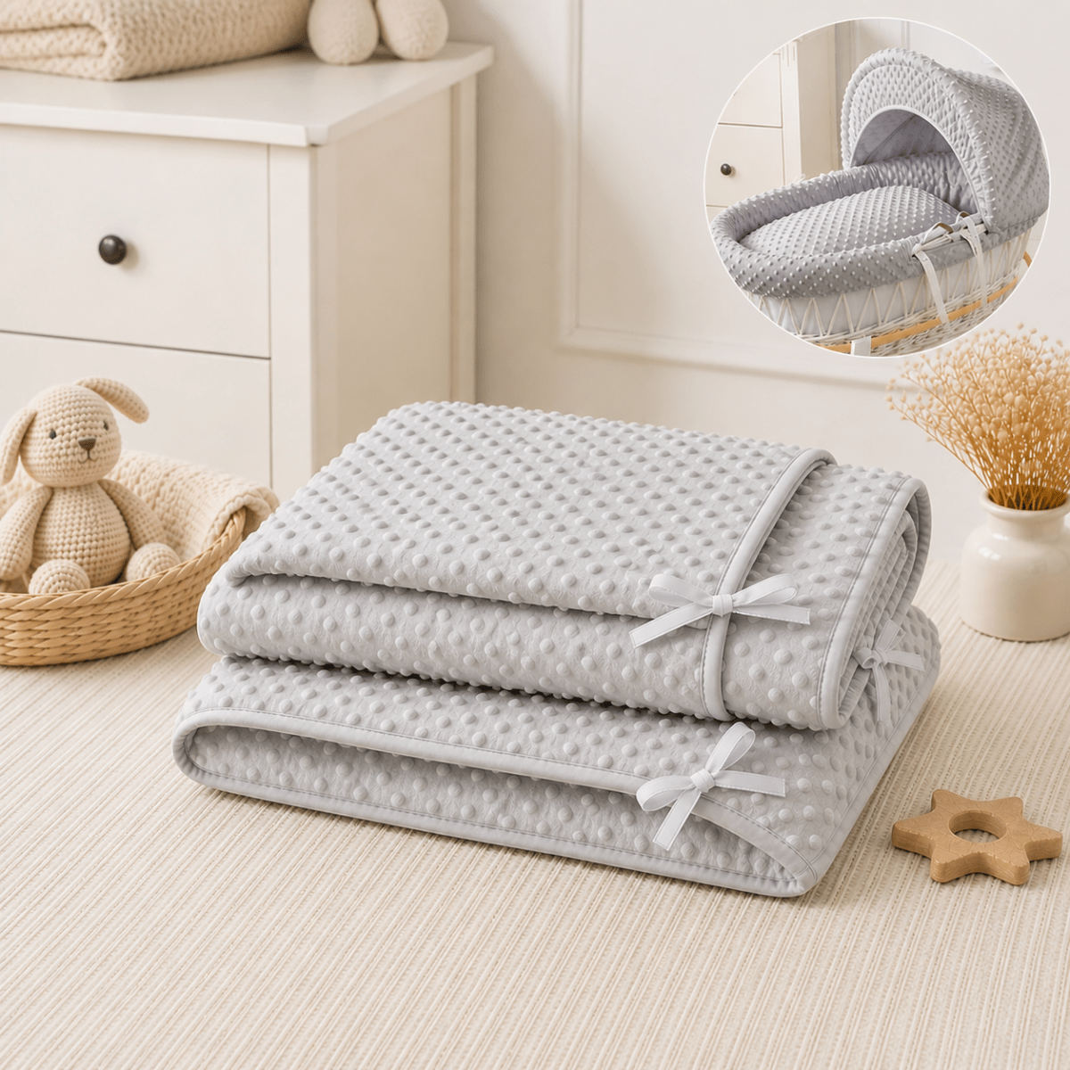 Folded gray dimple moses basket blanket with a white bow in a nursery setting.