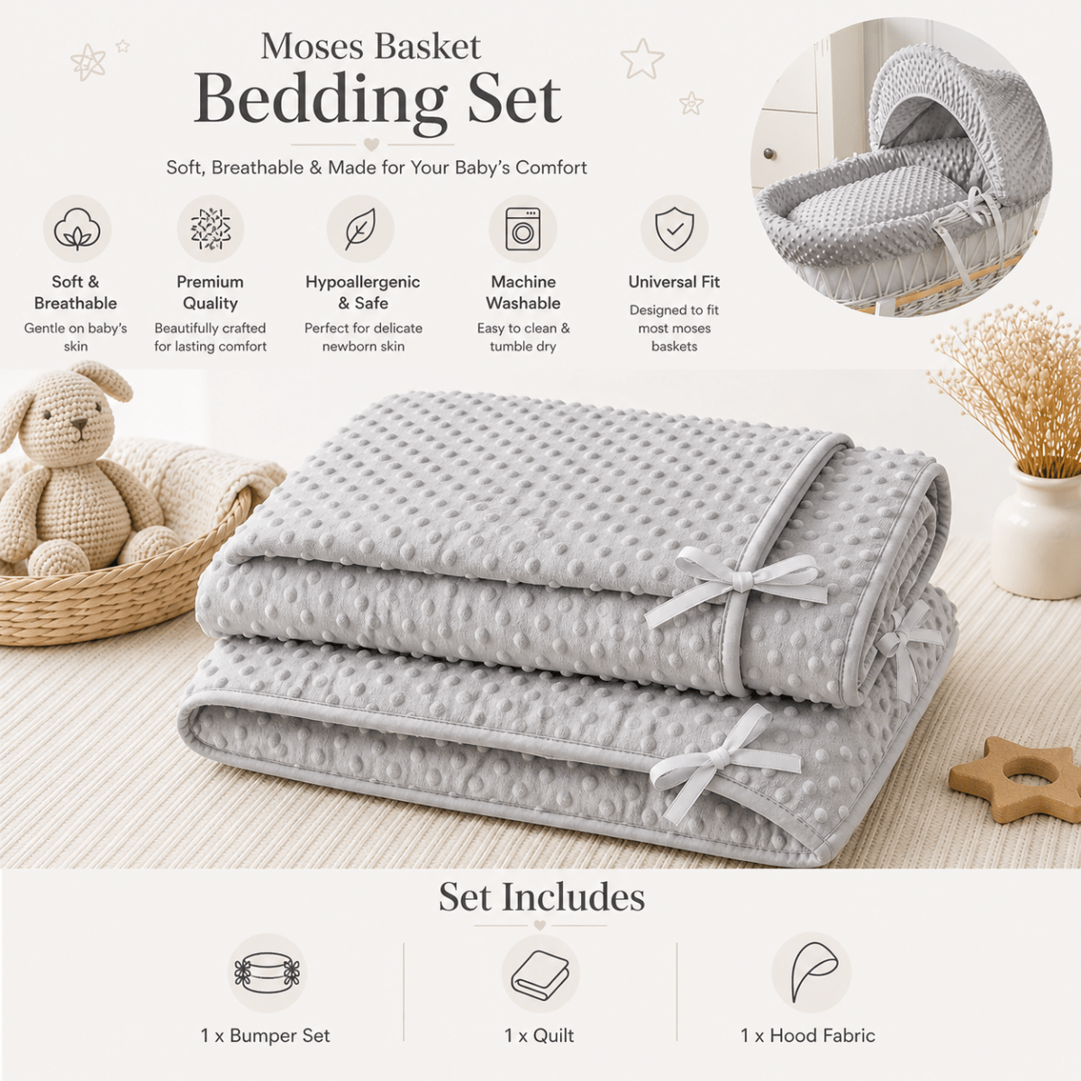 Gray dimple moses basket bedding set with bumper, quilt, and hood fabric on a neutral background.