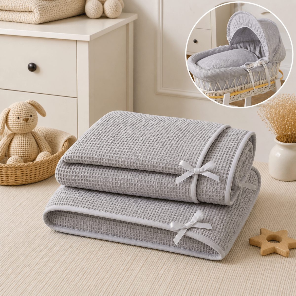 Gray waffle moses basket bedding with ribbons on a beige surface, with a baby crib and toys in the background.