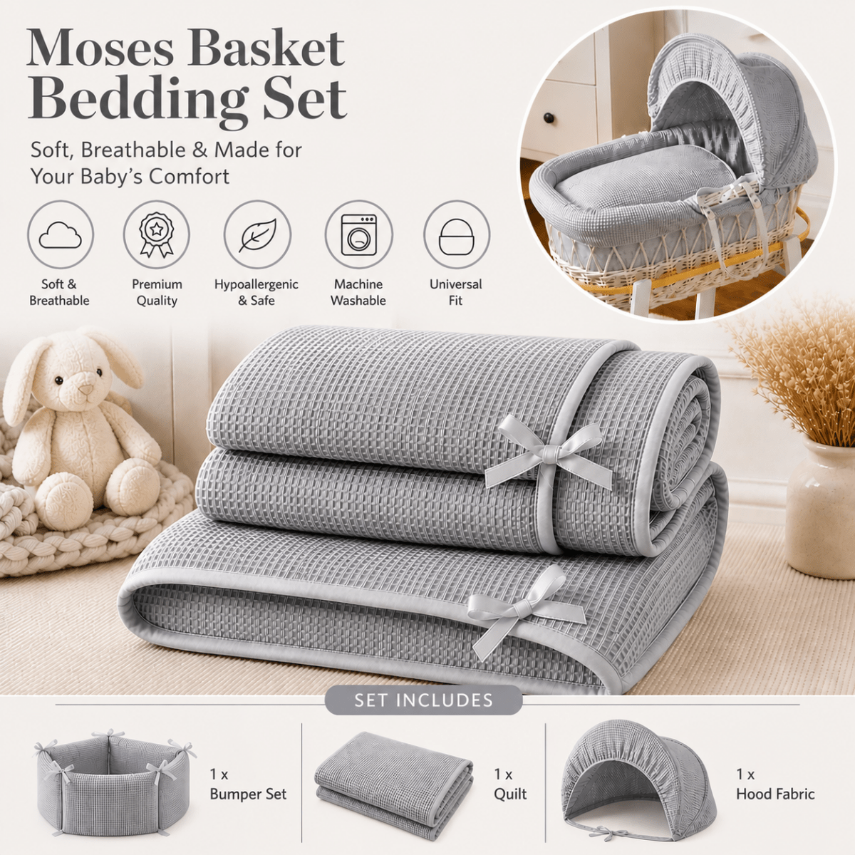 Grey moses basket bedding set with quilt, bumper, and hood fabric on a neutral background.