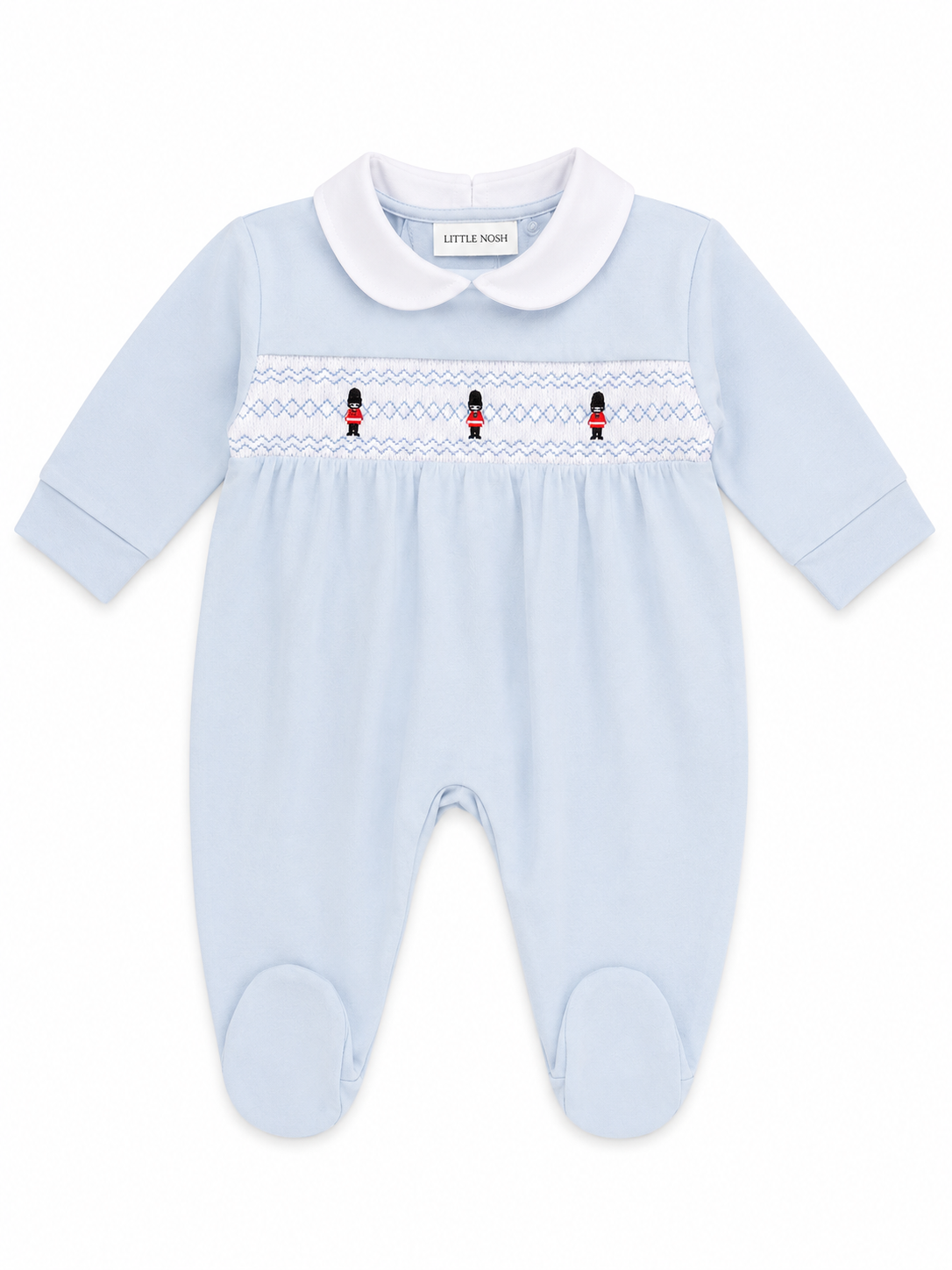 Little Nosh baby boys blue soldier smocked velour sleepsuit