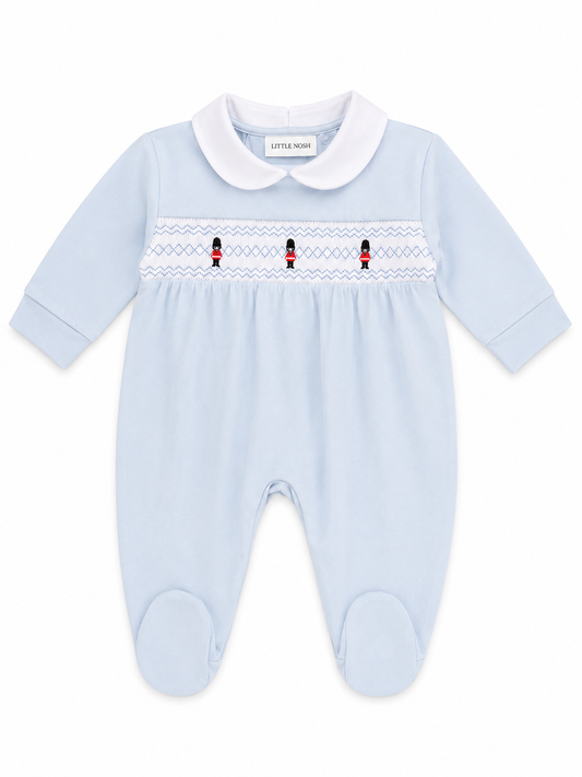 Little Nosh baby boys blue soldier smocked velour sleepsuit