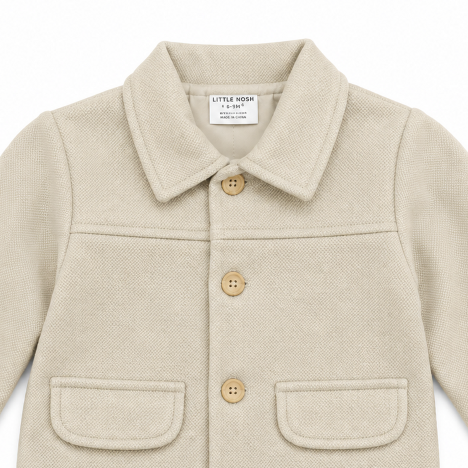 Collar and button detail on Little Nosh baby boys camel coat