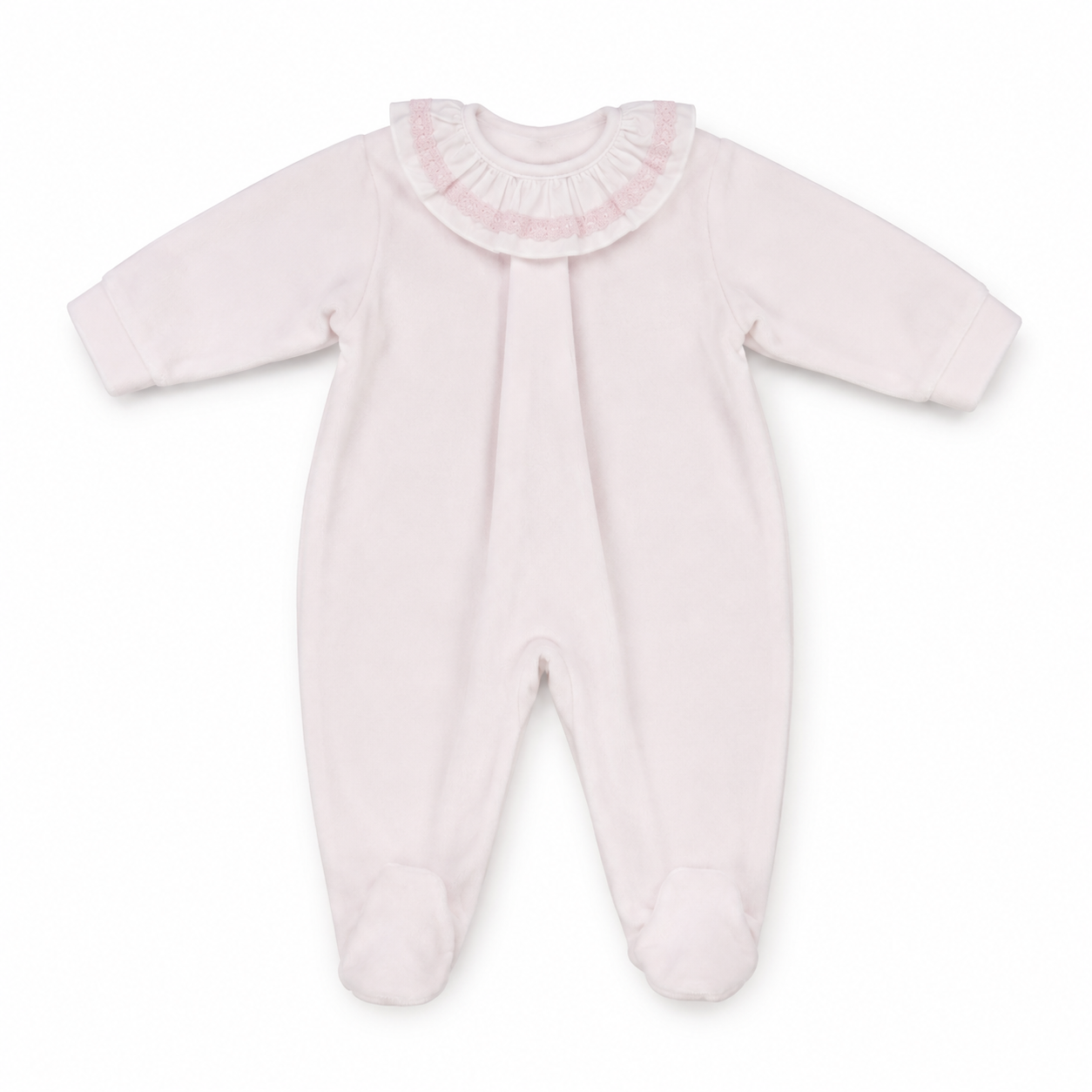 Little Nosh baby girls pink and white frill collar velour sleepsuit