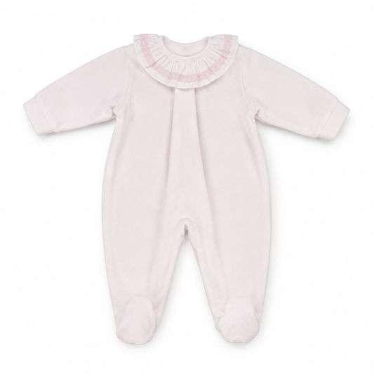 Little Nosh baby girls pink and white frill collar velour sleepsuit