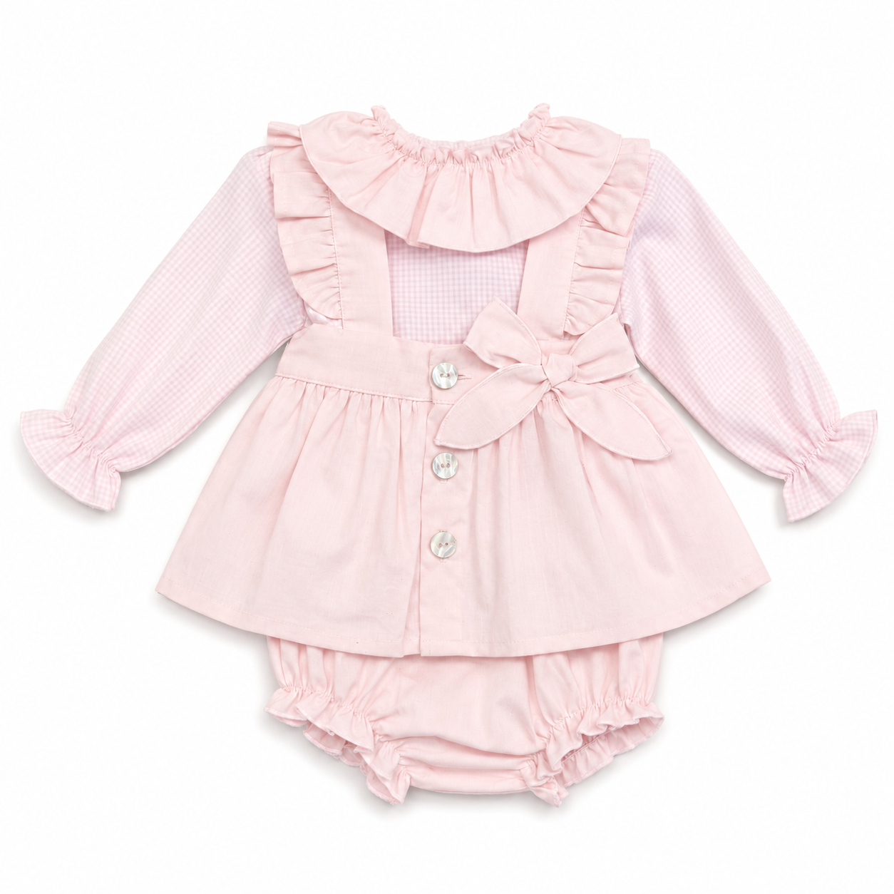 Little Nosh baby girls pink gingham three piece pinafore set