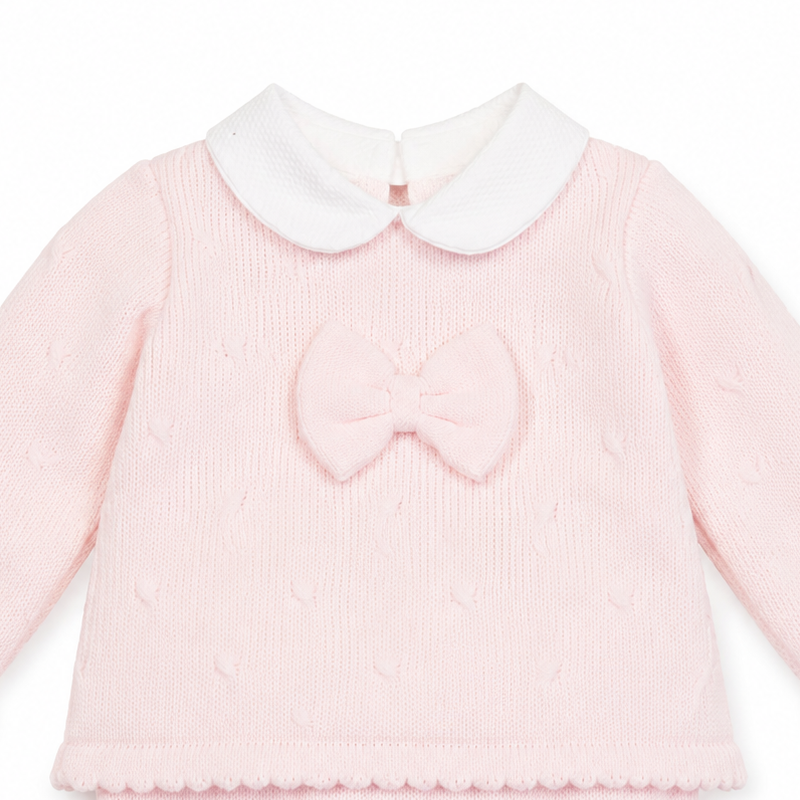 Little Nosh pink knitted baby set with white Peter Pan collar and bow detail