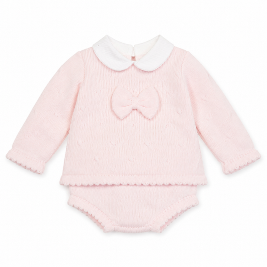 Little Nosh baby girls pink knitted bow and bloomer set