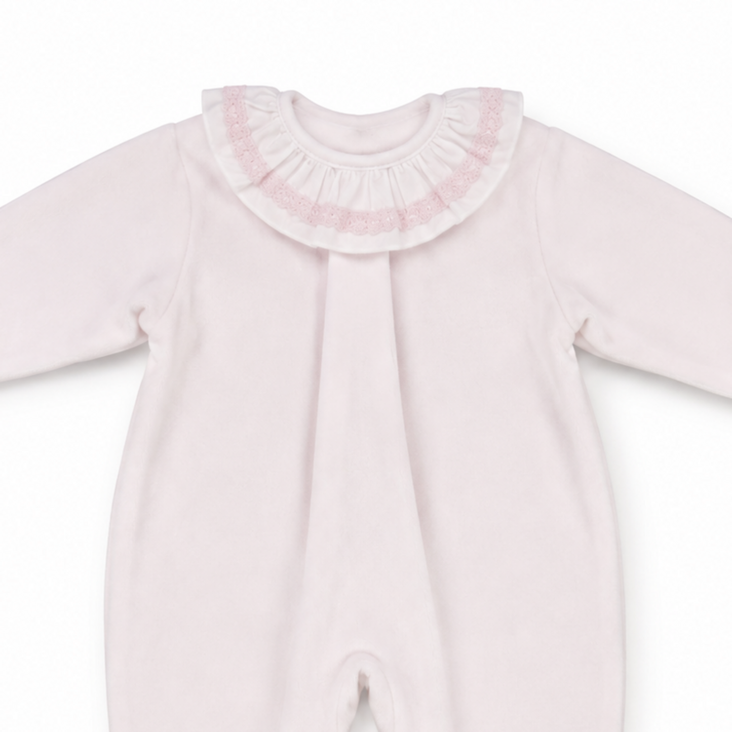 Pink lace frill collar detail on Little Nosh baby girls velour sleepsuit