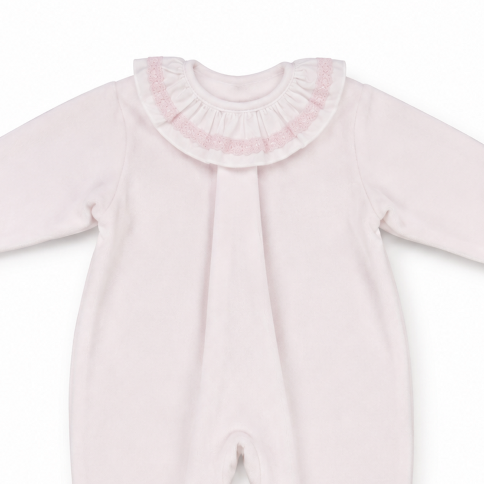 Pink lace frill collar detail on Little Nosh baby girls velour sleepsuit