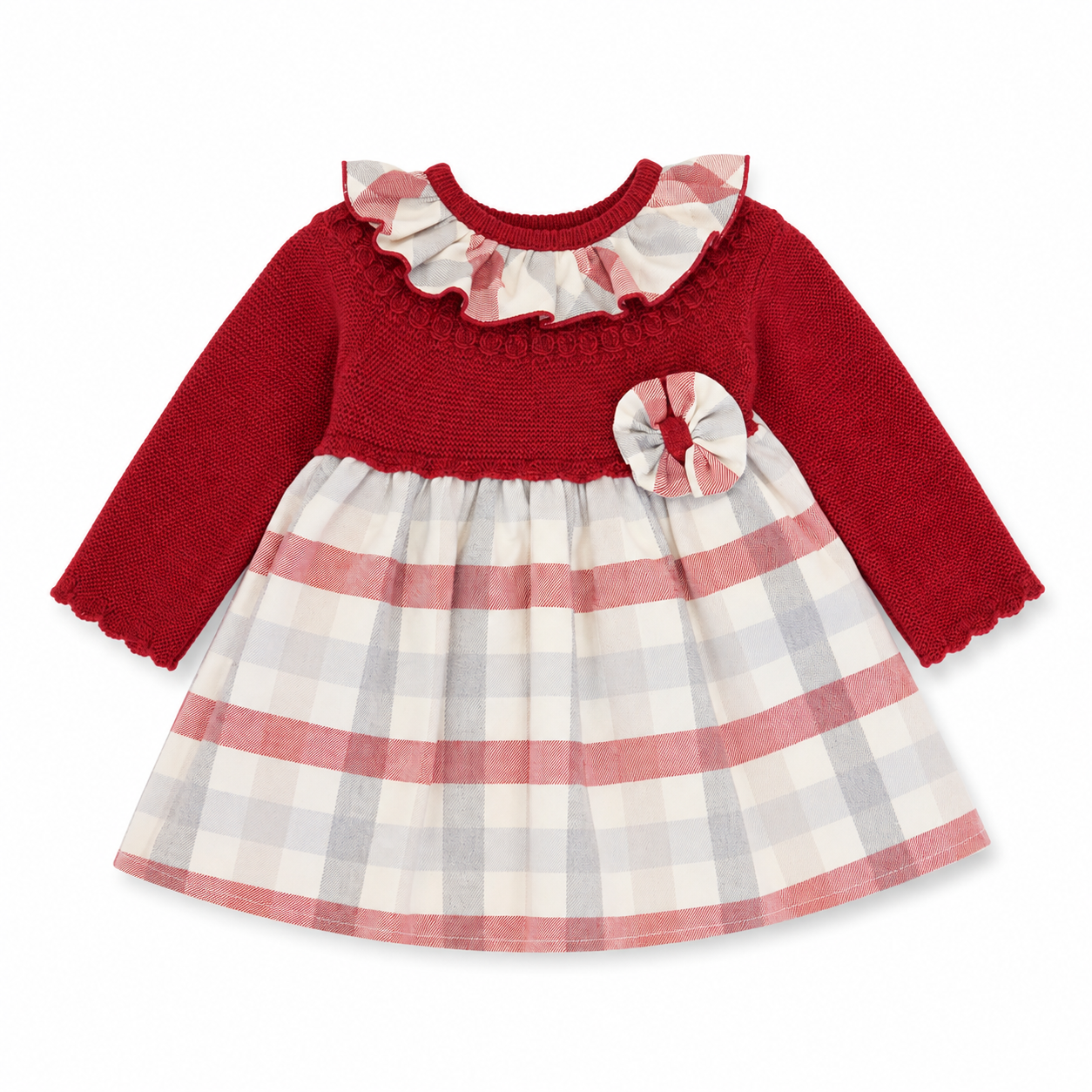 Little Nosh baby girls red knitted tartan bow dress
