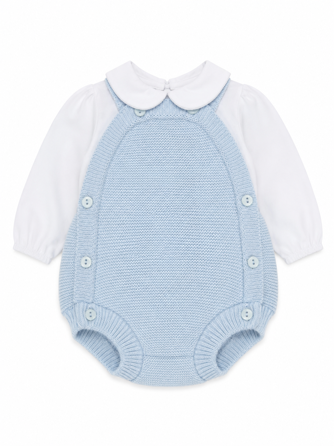 Little Nosh baby boys blue knitted romper and white shirt set