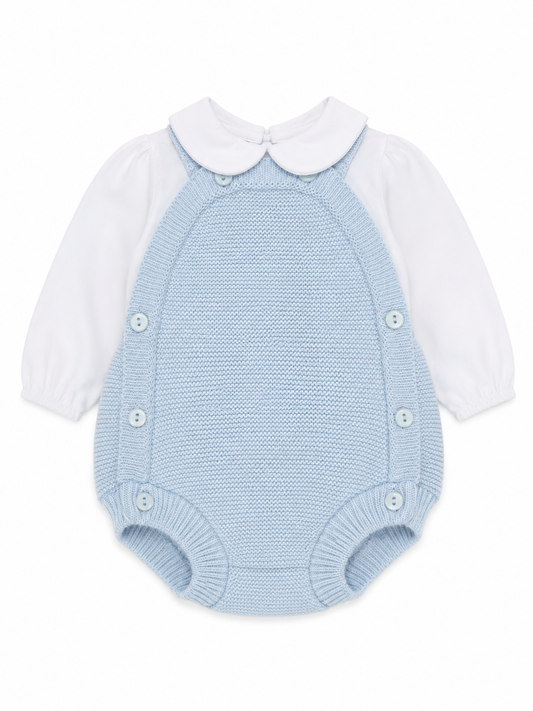 Little Nosh baby boys blue knitted romper and white shirt set