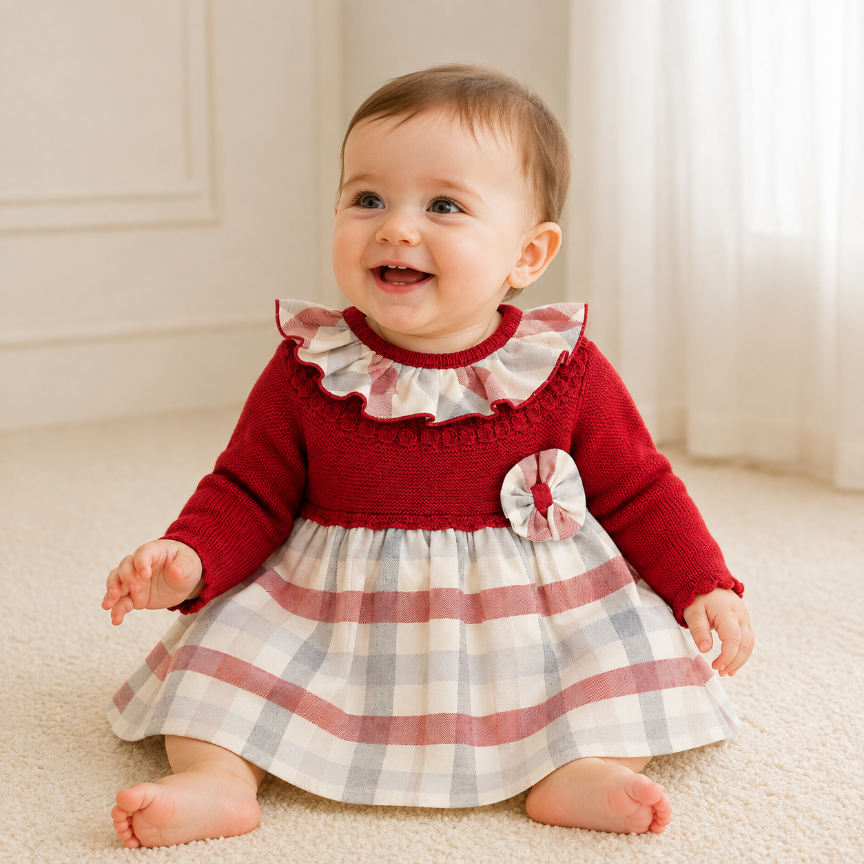 Baby wearing the Little Nosh red knitted tartan bow dress