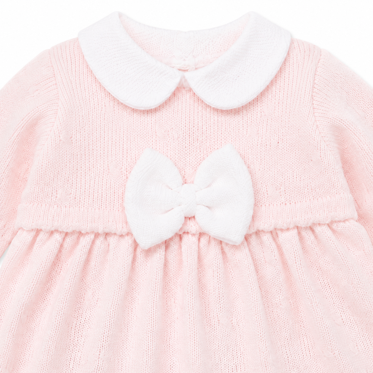 Little Nosh pink knitted baby dress white bow and collar detail