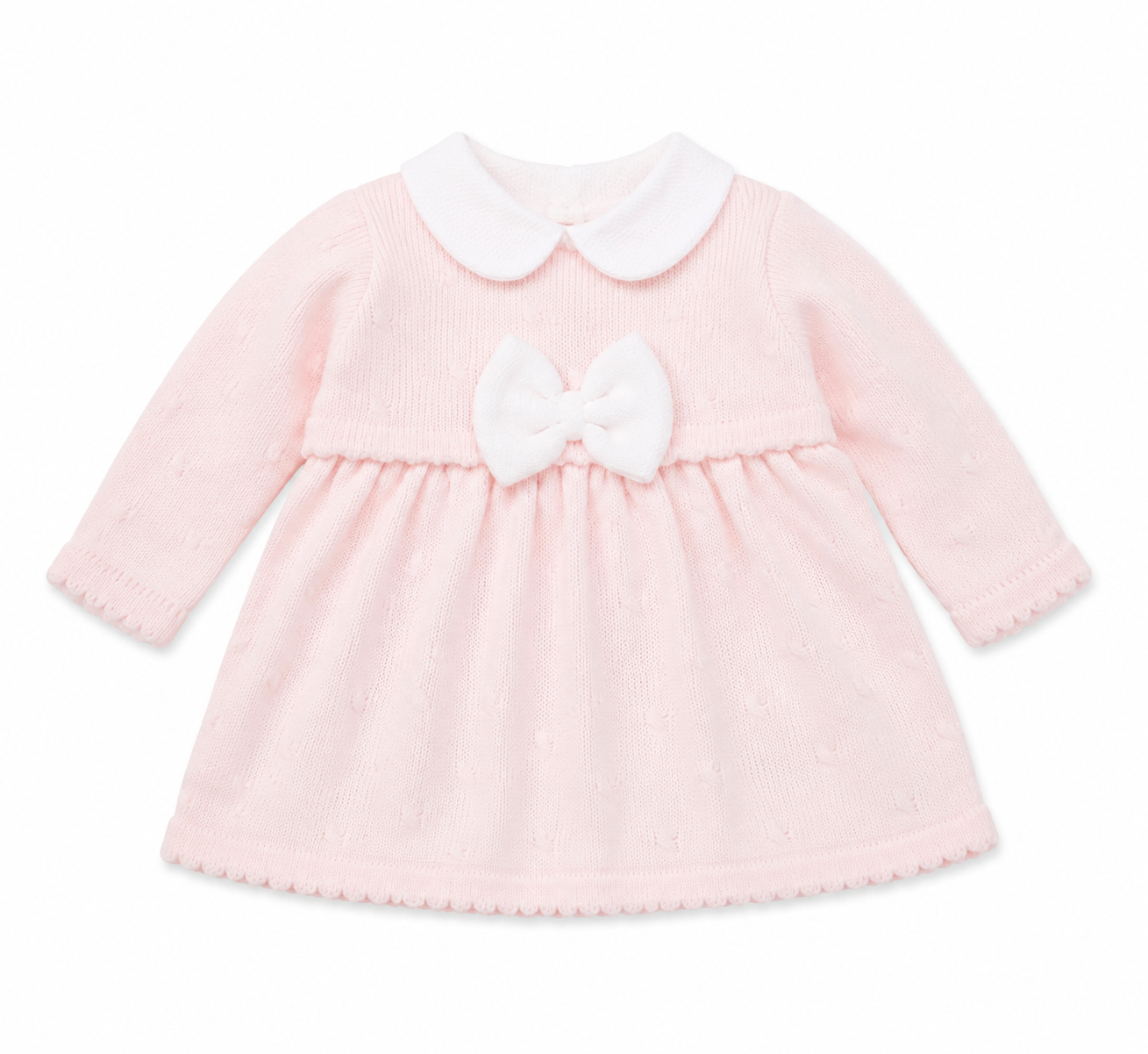 Little Nosh pink knitted baby girls dress with white bow and collar