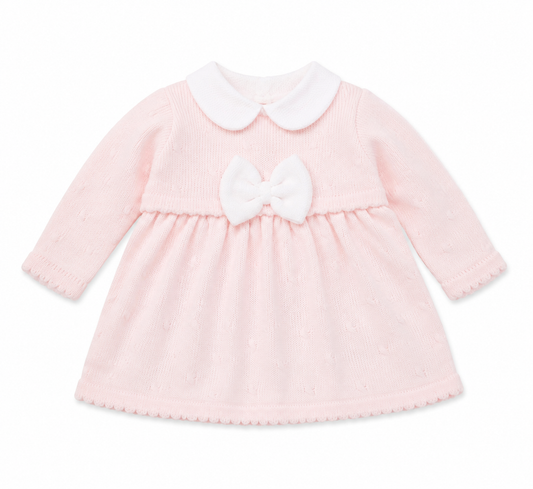 Little Nosh pink knitted baby girls dress with white bow and collar
