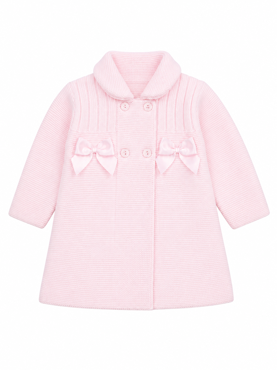 Little Nosh baby girls pale pink knitted coat with satin bows and button fastening