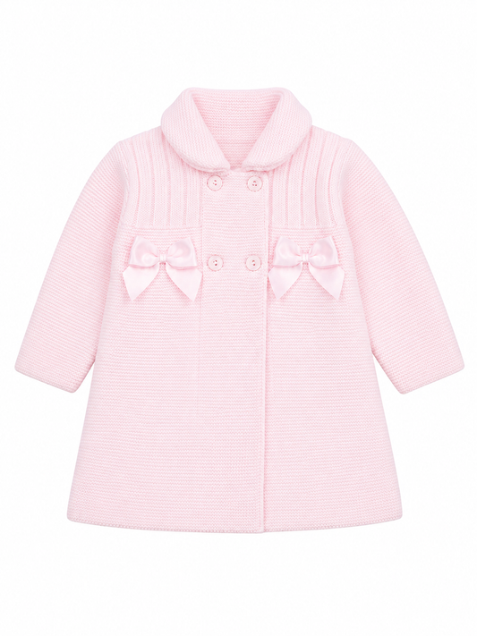 Little Nosh baby girls pale pink knitted coat with satin bows and button fastening