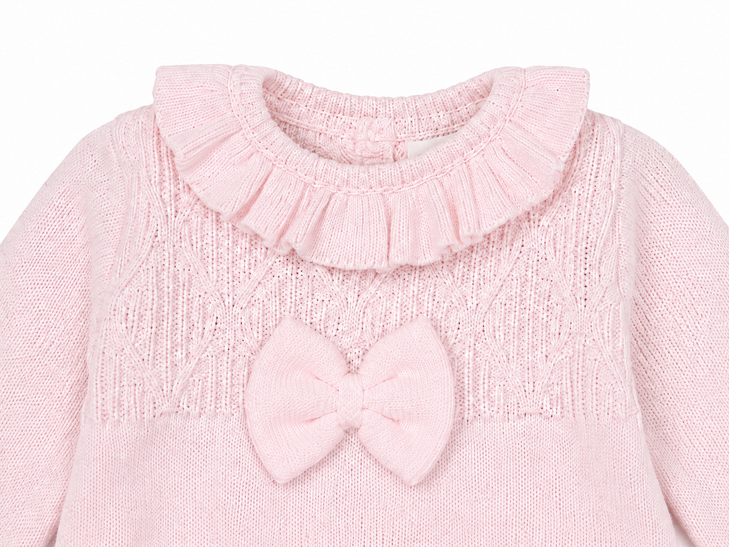 Little Nosh pink knitted baby romper frill collar white bow and cable knit detail