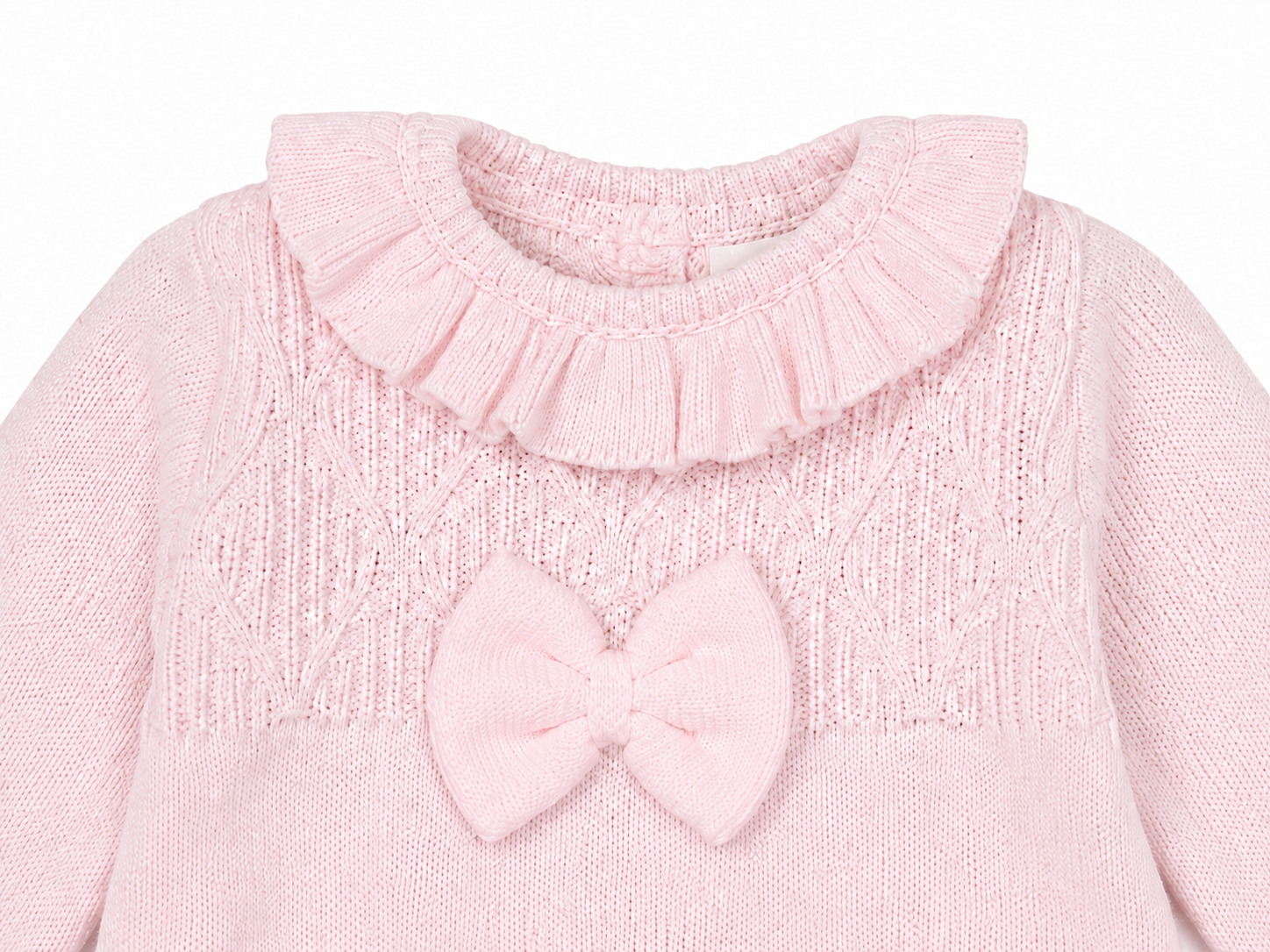 Little Nosh pink knitted baby romper frill collar white bow and cable knit detail