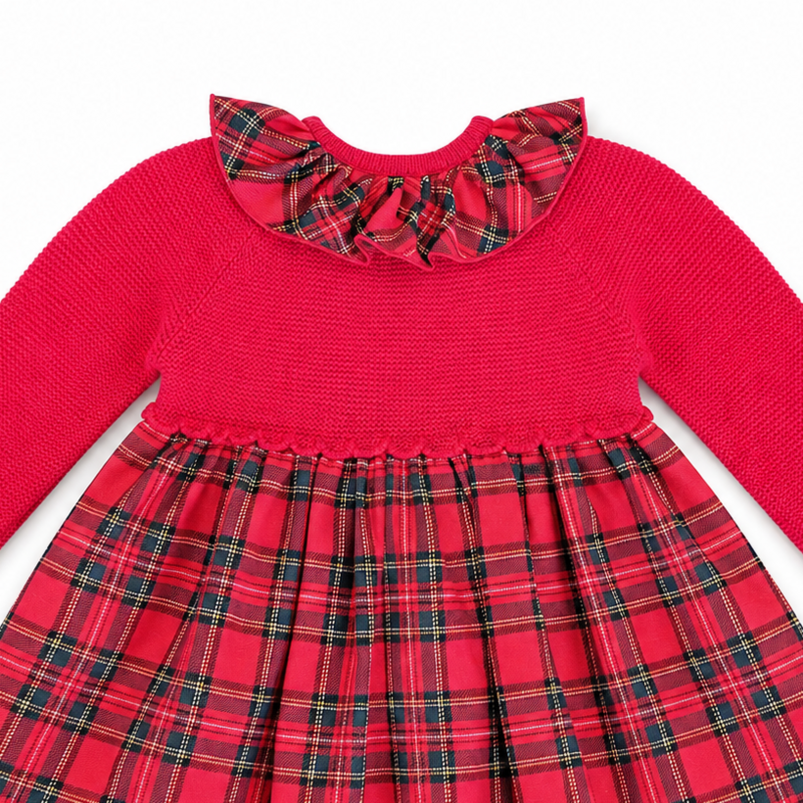 Tartan frill collar and knitted bodice detail on Little Nosh baby girls red dress