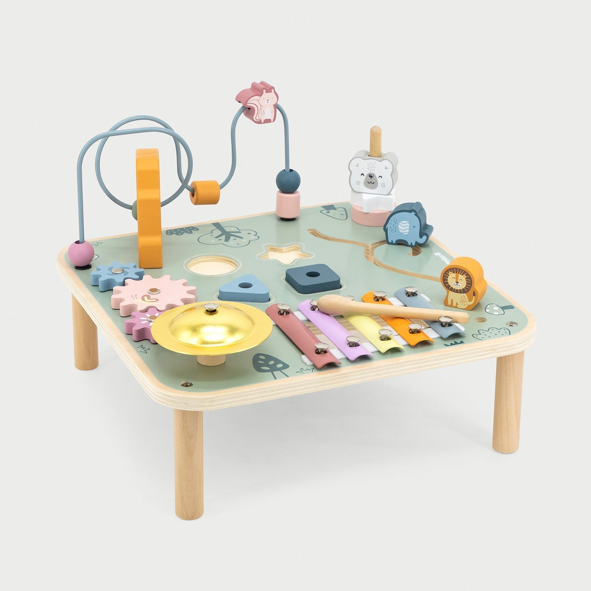 Multi-function wooden activity table for toddlers featuring a colorful bead maze and interactive gears.
