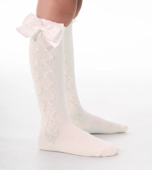 Ivory knee high cotton bow socks for babies and children