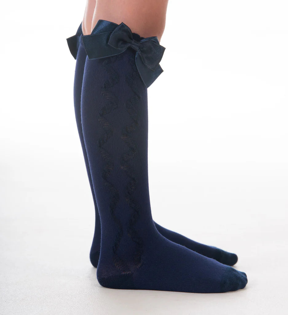 Navy knee high cotton bow socks for babies and children