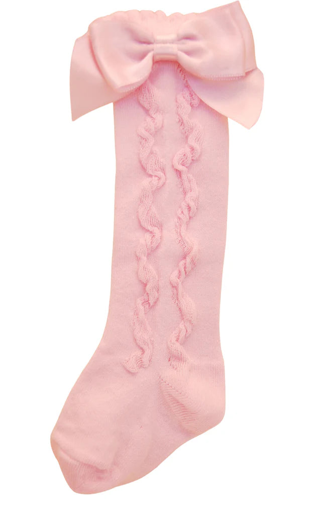 Pink knee high cotton bow socks for babies and children