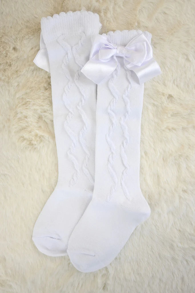 White knee high cotton bow socks for baby and children