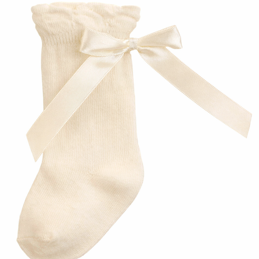 Ivory knee high cotton ribbon tie socks for babies and children