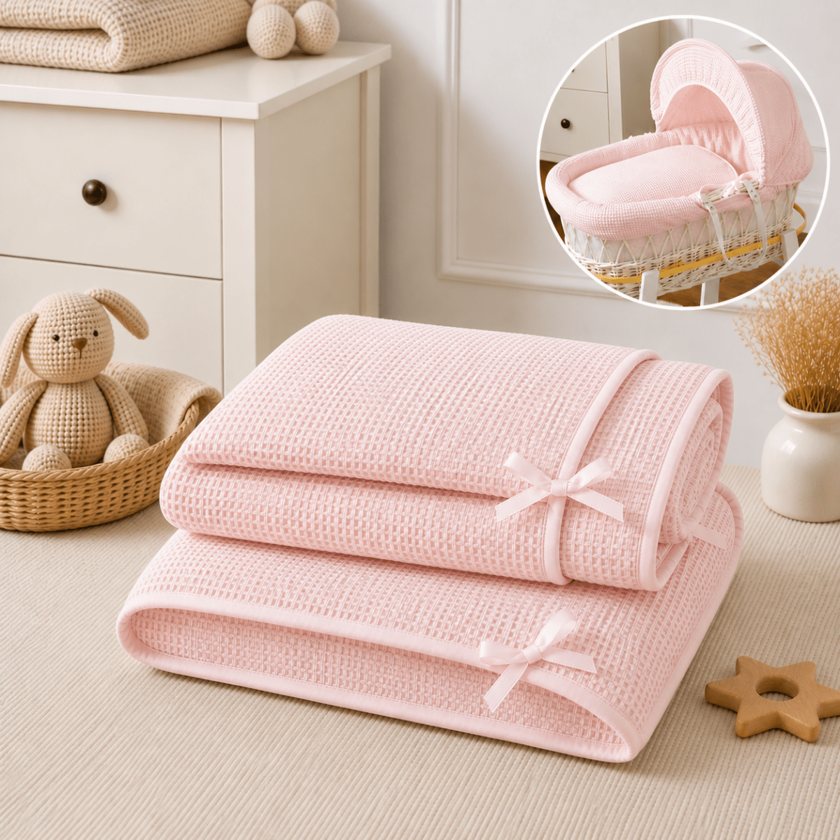 Pink moses basket blanket with a bow on a neutral background with toys and furniture.
