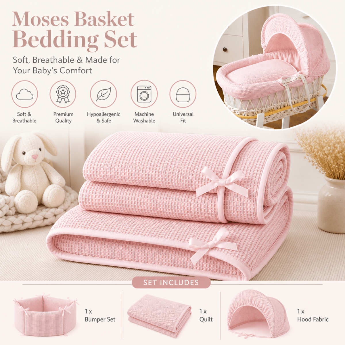 Pink Moses basket bedding set with bumper, quilt, and hood fabric on a neutral background.