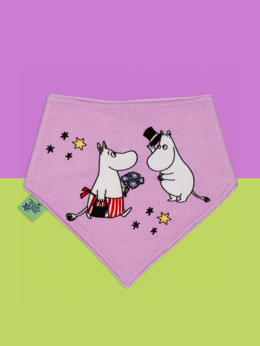 Pink bandana bib with cartoon Moomin characters on a purple and green background