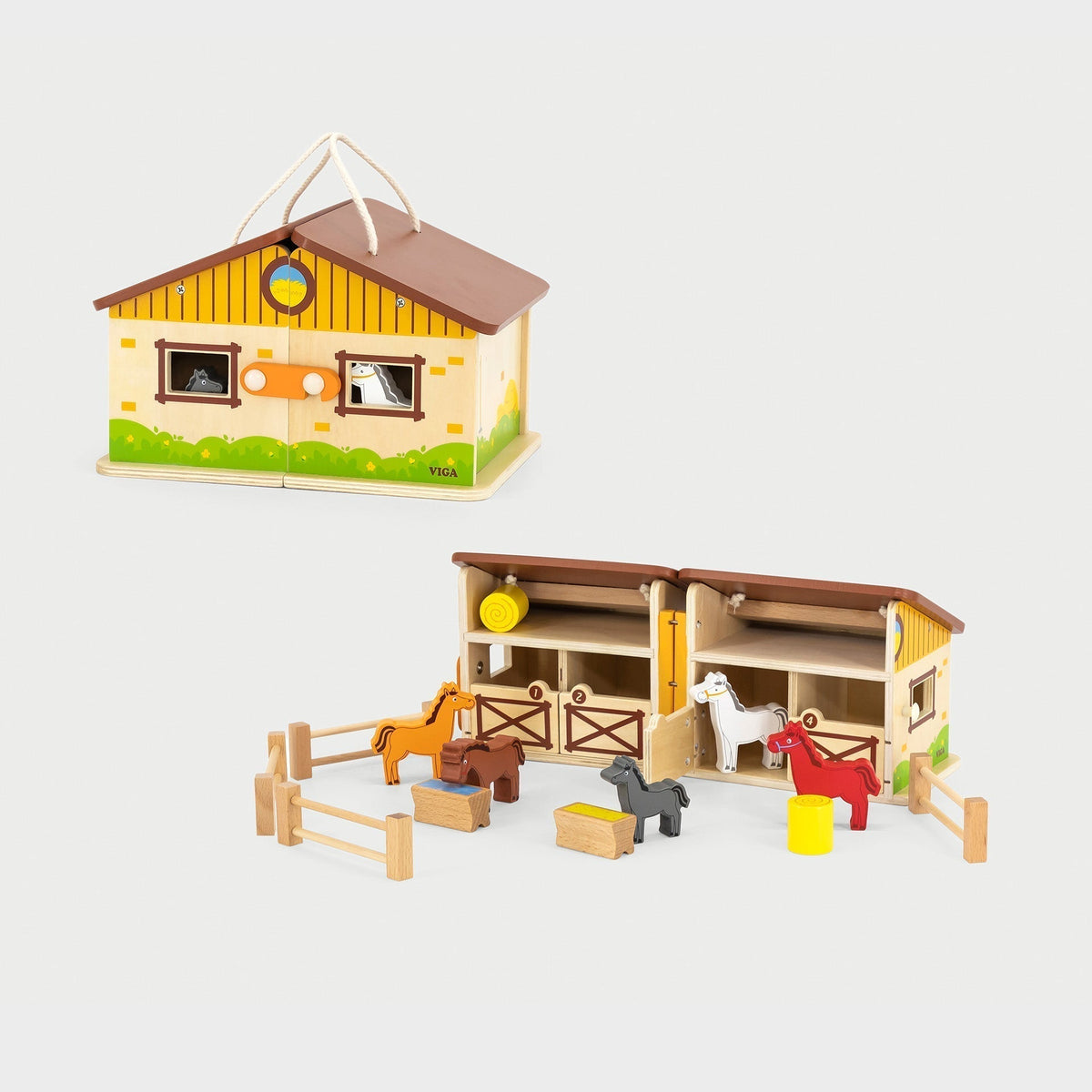 Side angle view of a sustainable wooden farmyard playset designed for children aged 3 and up.
