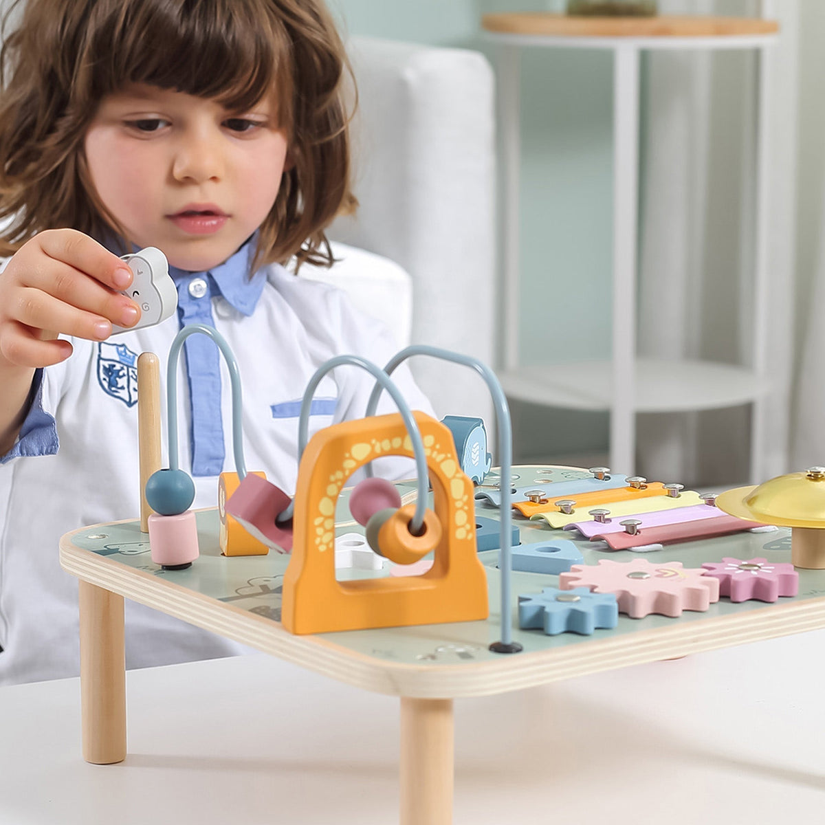 Sturdy independent wooden sensory table designed for nursery and playroom development games.