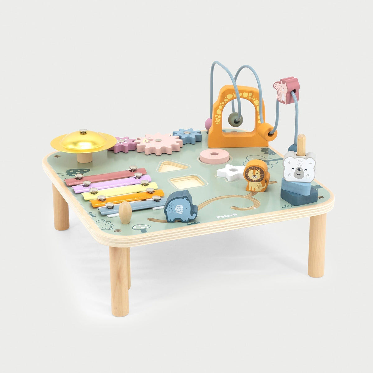 Children's activity table with various educational toys on a white background