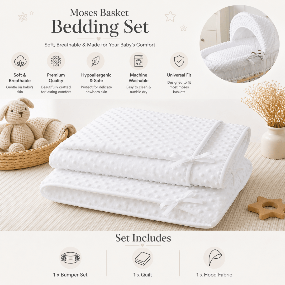 Moses basket bedding set with quilt, bumper set, and hood fabric on a neutral background.