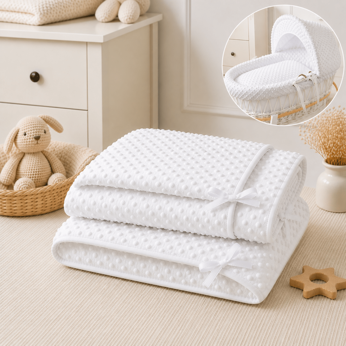 White dimple moses basket bedding on a neutral background with toys and a dresser.