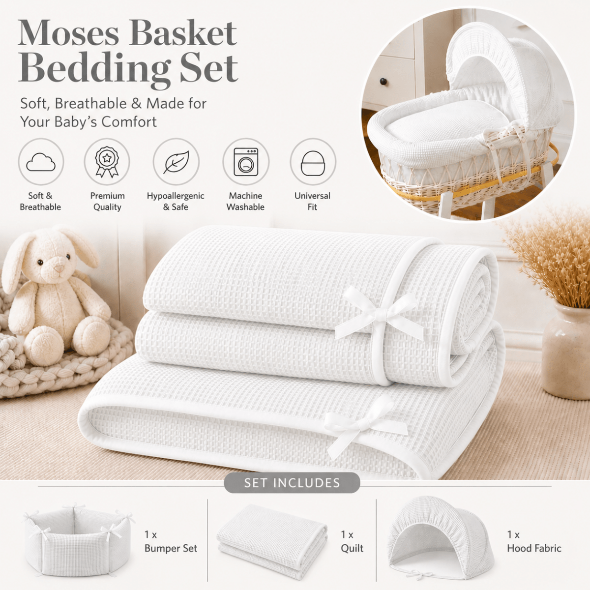 Moses basket bedding set with bumper, quilt, and hood fabric on a neutral background.