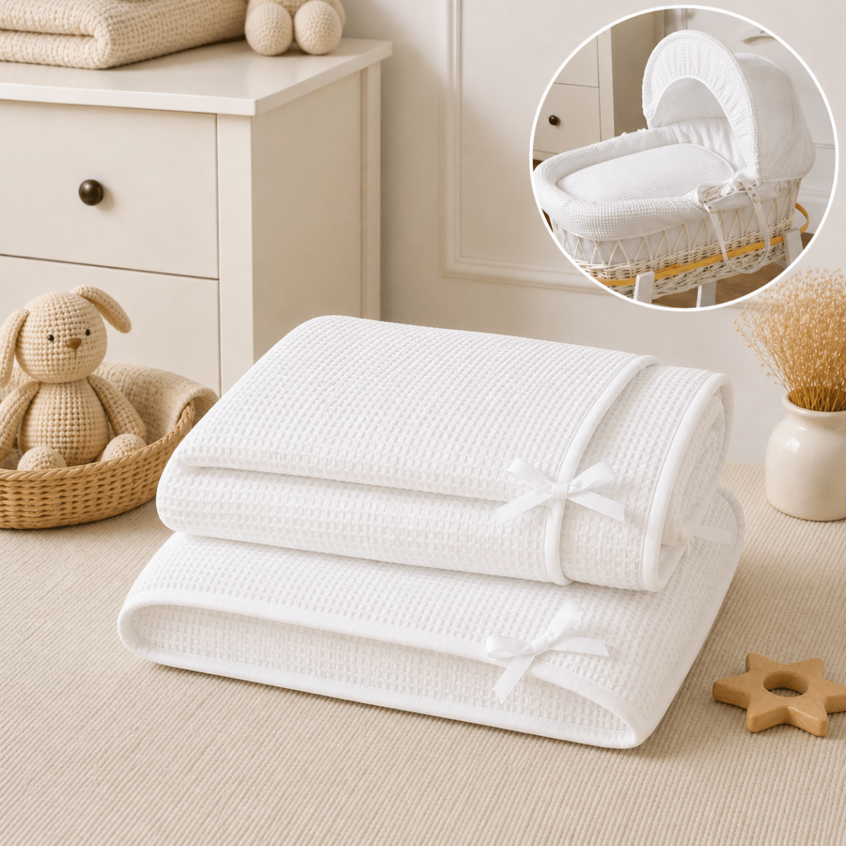 White baby blanket on a beige surface with a dresser and toys in the background